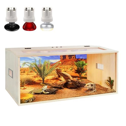Bearded Dragon Tank, 81 Gallons Wooden Reptile Enclosure, Tempered Glass Lizard Tank, Large Bearded Dragon Enclosure with Built-in Lamp Fixture for Lizard - color: Oak, size: 81 gallons