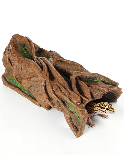 Resin Tree Bark Reptile Hide Cave for Snakes, Geckos & Lizards | Relieves Reptile Stress, Resin, Odor-Free, Realistic Bark Texture with Faux Moss
