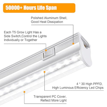 T5 1FT 0.3M 6W×4 White Light 5000K Grow Light Tubes,Full Spectrum LED Grow Lights,6W Energy Efficient,Plug & Play,for Hydroponics/Soil Seedlings Vegetables Herbs Flower (4 Packs) - color: White Light