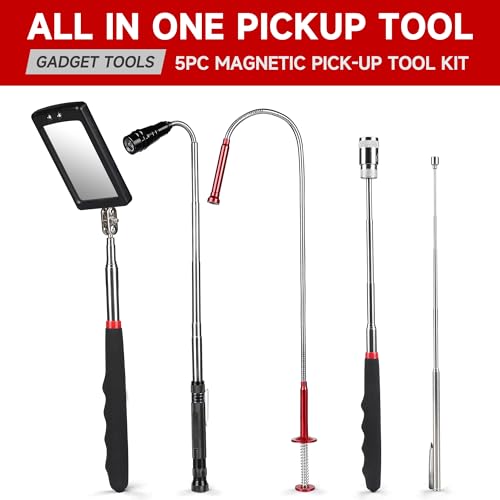 Telescoping Magnetic Pickup Tool Set | Inspection Mirrors and Four Claw Grabber Tool | Flexible LED Flashlight | Magnet Stick | Cool Gadgets for Men | Gifts for Husband