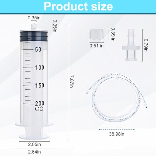 2 Pack 200ml Luer Lock Syringe with 39" Tube and Luer Connectors | 200cc Large Plastic Syringes for Liquid, Oil, Feeding, Watering - size: 200ml