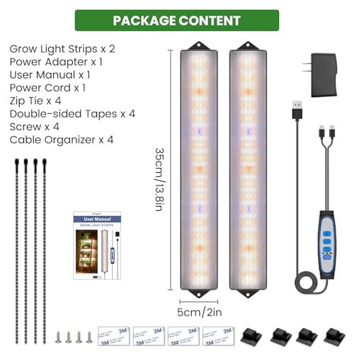 14in Grow Light Strip for Indoor Plants, Full Spectrum | 2 Bars, 105 White/Red/Blue LEDs per Strip, Timer & Dimming Control, Sleek Design, Growing Lamp for Cabinets & Shelves - size: 2 Pack
