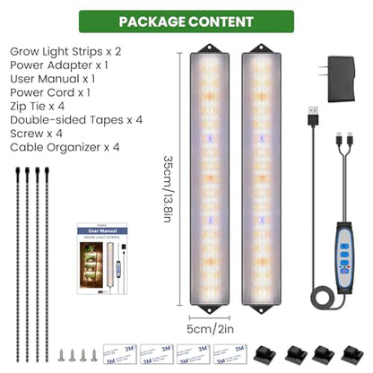 14in Grow Light Strip for Indoor Plants, Full Spectrum | 2 Bars, 105 White/Red/Blue LEDs per Strip, Timer & Dimming Control, Sleek Design, Growing Lamp for Cabinets & Shelves - size: 2 Pack