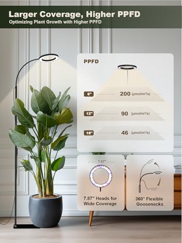 Tall Plant Grow Light for Indoor Plants, Full Spectrum Plant Light | 24W LED Grow Lamp with Single Heads, 23.5-71" Adjustable Height, 3/9/12/16H Timer, 6-Level Dimming for Large Houseplants - color: Black