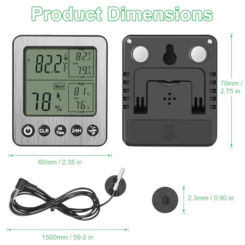 Digital Dual Channel Thermometer Hygrometer, Detachable Temp-Only Probe, 24H & All-Time Min Max Memory Fridge Reptile Tank Wine Cellar Greenhouse Garage Bedroom zz20 White 1 Pack