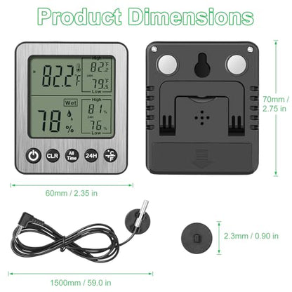 Digital Dual Channel Thermometer Hygrometer, Detachable Temp-Only Probe, 24H & All-Time Min Max Memory Fridge Reptile Tank Wine Cellar Greenhouse Garage Bedroom zz20 White 1 Pack - color: White, size: h1