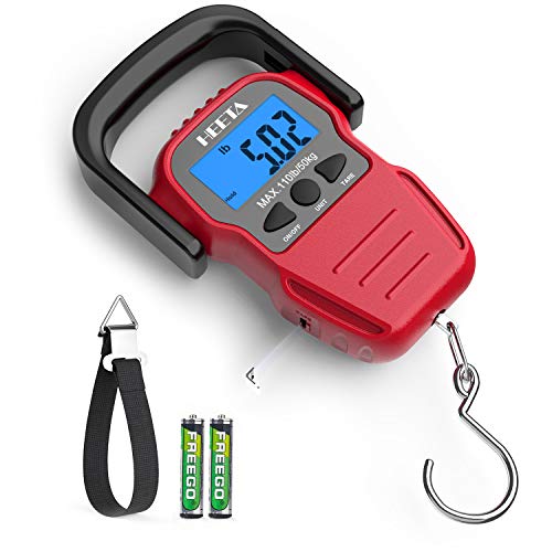 HEETA Fish Scale Digital Fishing Luggage Weight Scale with Measuring Tape | Up 110lb/50kg Portable Hanging Scale with Backlit LCD Display for Home Farm Outdoor Hunting Fishing, 2 AAA Batteries Included - color: Red