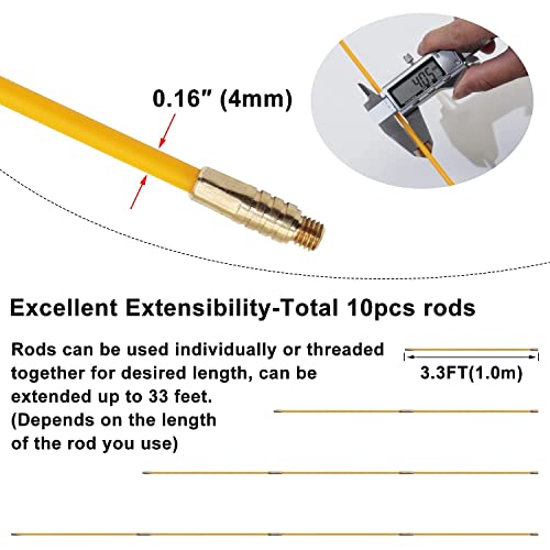 33FT Fiberglass Wire Running Kit, Cable Running Rods with 5 Attachments | Fiberglass Electrical Wire Running Rods, 33FT Non-Conductive Pulling Kit with 5 Interchangeable Heads, Carrying Case - size: 33FT-10 Rods