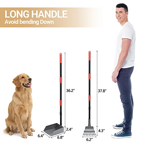 Dog Pooper Scooper, Dog Poop Tray and Rake Set with Long Stainless Handles | Pet Waste Removal Scoop with Adjustable Sectional Handles - color: Black/Red