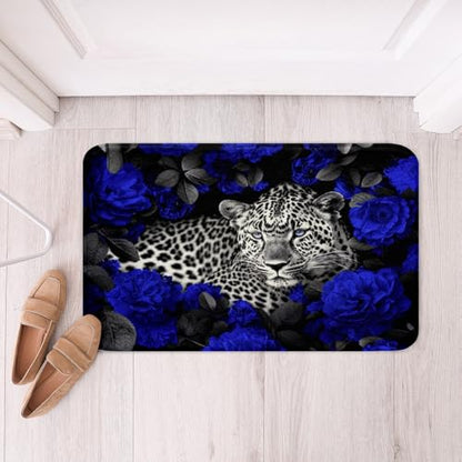 Erosebridal 3D Cheetah Bath Mat Blue Rose Leopard Print Bath Rugs for Women Romantic Flowers Area Rug African Safari Animals Living Room Rugs Animal Hide Spot Wild Safari Theme Shower Mat 20"x32" - color: Multi 07, size: 1'8" x 2'8" (Rectangular)