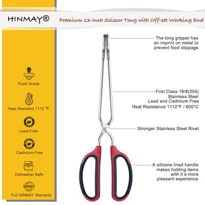 HINAMY 13" Stainless Steel Scissor Tongs with Comfort-Grip Handle, Set of 2 - size: 13-Inch