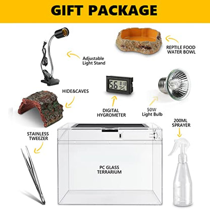 Reptile PC Terrarium, Anti Breakage 12x7x9 inch Amphibians Tank Starter Kits with Reptile Heat Lamp with 50W UVA UVB Light Bulb