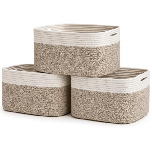 OrganiHaus Cotton Rope Baskets for Shelves, Set of 3, 15x9x10 | Handwoven; a toy bin and organizer for towels, books, or blankets; fits nursery, playroom, or bedroom decor - color: Brown / Off-White