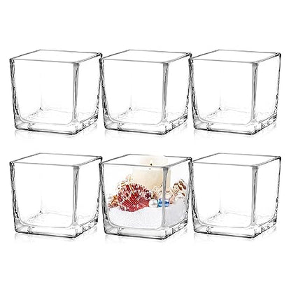 6 Pack Square Glass Vases 3" x3" x 3", Clear Flower Vases | Candle Holder for Centerpieces, Wedding Party Home Decor - size: 3inch