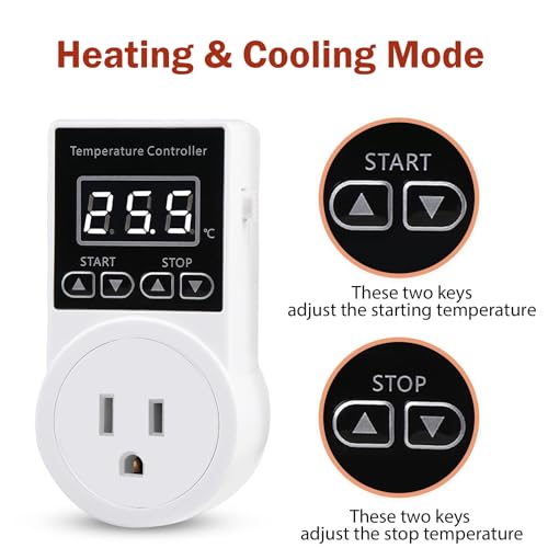 Digital Thermostat Plug Socket, Only Celsius Display LCD Screen Temperature Controller with Waterproof Sensor Probe, Heating Cooling Temperature Switch Outlet for Reptile Greenhouse Terrarium