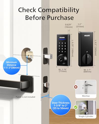 Philips Wi-Fi Smart Lock with Bridge, Fingerprint & App Control Auto Lock | 0.3s Unlock, 100 User PIN Codes, Fits Most Doors, Weatherproof, Backlit Touchscreen - color: Flat Black
