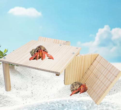 FlidRunest Wooden Large Hermit Crab W-Shaped Cave for Tank, Natural Hermit Crab Climbing Ladder Platform Set Toy, Safe Tank Corner Decor Hide Accessories Reptile Activity Platform