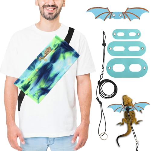 Bearded Dragon Carrier Sling and Winged Harness with Leash | 3 Size Pack Adjustable Bearded Dragon Harness & Lizard Sling Bag, Reptile Small Pet Backpack for Outdoor Travel Walking Rest - color: Blue-green + Blue Wing Leash