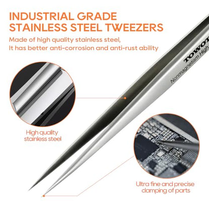 Precision Tweezers, Stainless Steel Pointed Ultrafine Tweezers for Craft, Electronics, Soldering, Experimental Work, Jewelry-Making, Non-Magnetic Industrial Tweezers, by TOWOT - size: 110mm