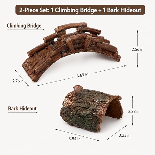 Pet Snail Hideout and Climbing Bridge Set for Terrarium Habitat Decor (Hideout) | Low-Profile Bark-Style Hideout and 17 cm Bridge for Natural Resting and Crawling Routes
