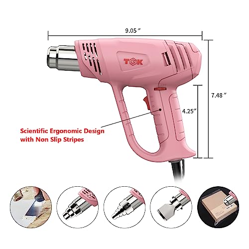 Heat Gun, TGK® 1800W Heavy Duty Hot Air Gun Kit 122℉~1202℉ Dual Temperature Settings with 6 Nozzle Attachments Overload Protection for Crafts, Shrink Wrapping/Tubing, Paint Removing, Epoxy Resin - color: Pink