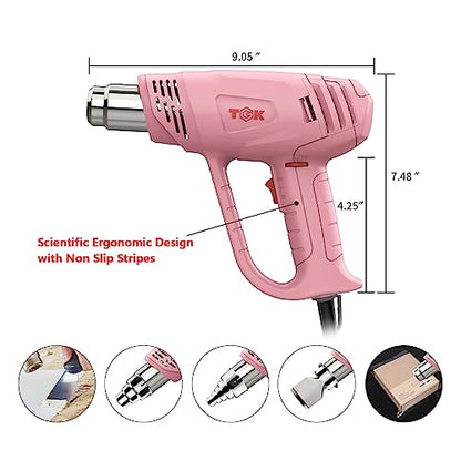 Heat Gun, TGK® 1800W Heavy Duty Hot Air Gun Kit 122℉~1202℉ Dual Temperature Settings with 6 Nozzle Attachments Overload Protection for Crafts, Shrink Wrapping/Tubing, Paint Removing, Epoxy Resin - color: Pink