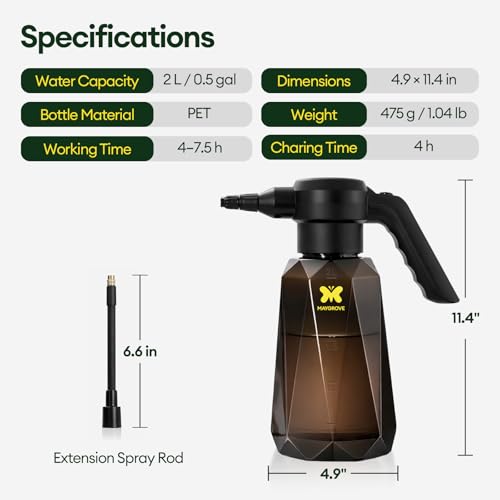 MAYGROVE 70oz Battery Powered Sprayer, 2L Electric Sprayer | Max 7.5h Long Battery Life with Fast Charging, Automatic Garden Sprayer with Adjustable Pressure, Semi-Transparent Bottle