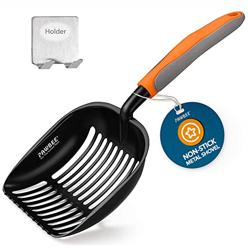 PAWBEE Premium Non-Stick Metal Cat Litter Scooper with Holder, Deep Shovel Poop Scoop, Long Non-Slip Handle