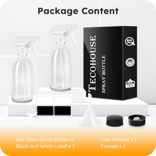 Tecohouse Glass Spray Bottles 8oz, 2 Pack Clear Glass Spray Bottles | Small Empty Glass Spray Bottles for cleaning, Plants, Pets, Hair, Durable Spray Nozzle, Fine Mist, Labels, Funnel, Pipettes - color: Clear White Lids