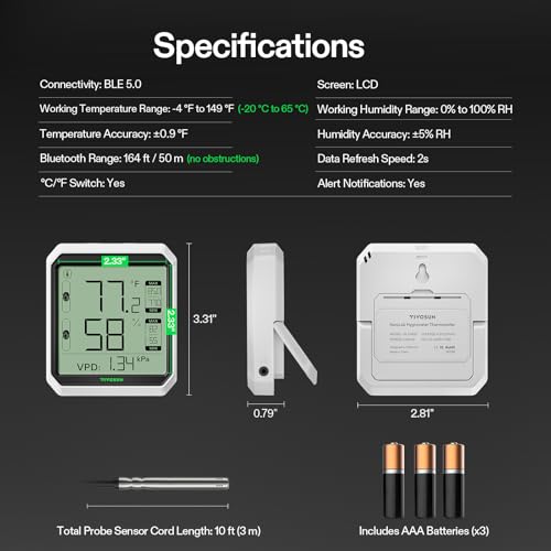VIVOSUN Digital Hygrometer Thermometer, Humidity Meter with Probe, App | Wireless Bluetooth, Indoor, VPD, Data Storage, Dual Channels with Sensor Probe, Battery Included - style: Thermometer with External Probe