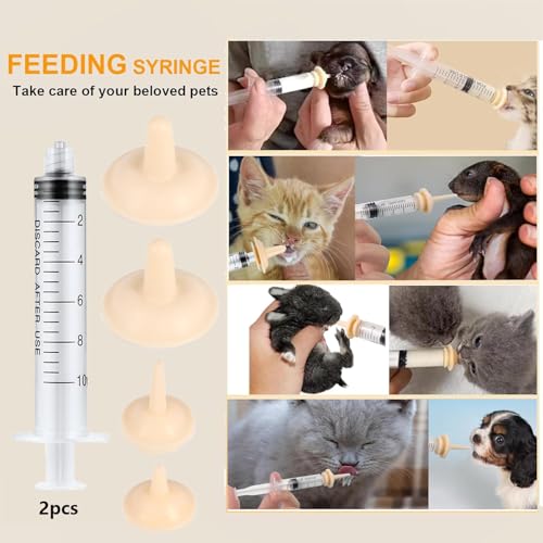 Pet Feeder Syringe, Newborn Animal Feeder Syringe Pet Feeding Nursing Syringe Silicone Feeding Pacifier,Pet Feeding Nipple for Kitten and Puppy (2x10ml Feeder &1S+1M+2L Nipples)