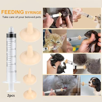 Pet Feeder Syringe, Newborn Animal Feeder Syringe Pet Feeding Nursing Syringe Silicone Feeding Pacifier,Pet Feeding Nipple for Kitten and Puppy (2x10ml Feeder &1S+1M+2L Nipples)