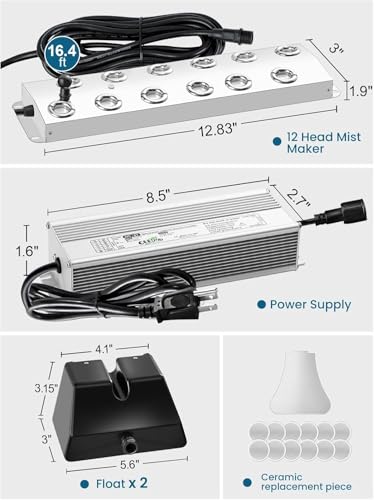 12 Head Ultrasonic Mist Maker, 9000ml/H Ultrasonic Fogger, Pond Fogger with Float Buoy, IP67 Waterproof Mist Maker for Pond, Greenhouse, Water Fountain, Garden and Halloween Decoration