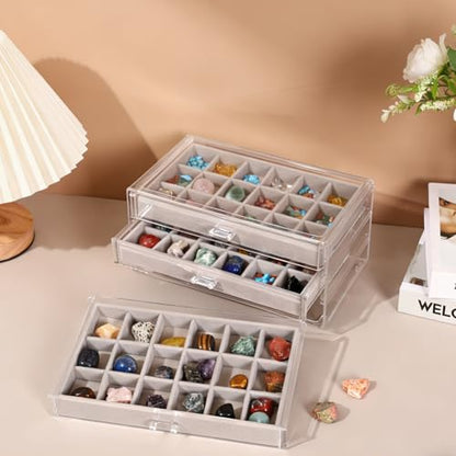Rock Display Case, 54 Girds Rock Collection Display, Rock Collection Box for Kids with Acrylic Cover and Velvet Compartment, Gemstone Display Case for Stones, Crystals, Gems (Grey) - size: Grey