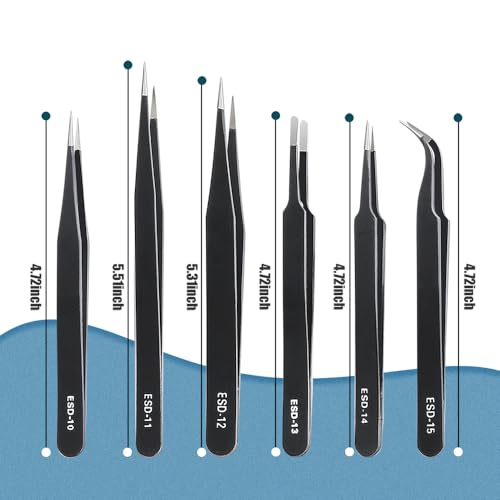 6 Pcs Precision Tweezers Set, Anti-Static Stainless Steel Craft | ESD Curved of Tweezers for Electronics, precision tweezers Craft, Laboratory Work, Jewelry-Making, etc