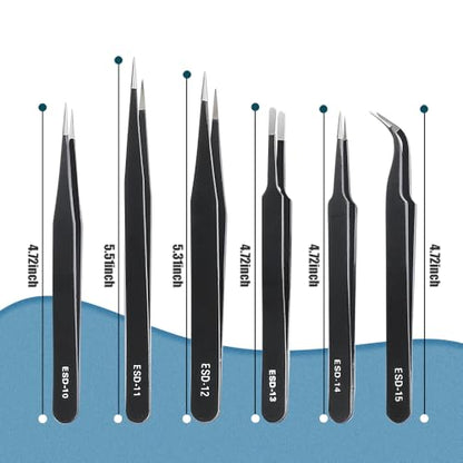 6 Pcs Precision Tweezers Set, Anti-Static Stainless Steel Craft | ESD Curved of Tweezers for Electronics, precision tweezers Craft, Laboratory Work, Jewelry-Making, etc