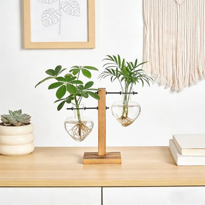 Mkono Propagation Stations,2 Heart Shaped Glass Plant Vases with Wood Stand | Hydroponic Terrarium, Desktop Propagation Jars, Cute Air Plant Flower Holder,Home Office Decor, Plant Lover Gardening Gift - size: 2 Heart Bulb Vase