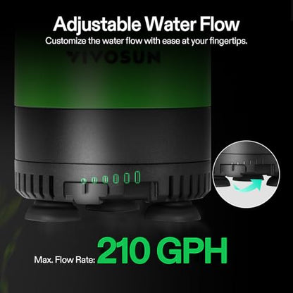 VIVOSUN 210GPH Sub Water Pump for Fish Tank, Pond, Aquarium, Hydroponics | 10W Submersible Water Pump, with Adjustable Flow, 4.9ft Tubing, Additional Ceramic Shaft, and Outlet Adapters, for Fountains - size: 5"×4"-210