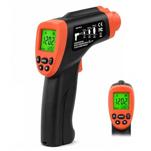 Infrared Thermometer Gun -58°F to 1292°F, Non Contact Laser Temperature Gun with 16:1 D:S, Adjustable Emissivity, Max Min Avg, High/Low Alarm for Pizza Oven Grill HVAC Auto