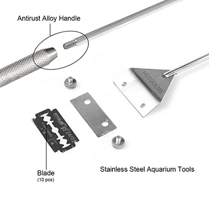 HOTOOLME Aquarium Scraper, 25.6" Stainless Steel Scraper Cleaning Razor with 10 Blades for Glass Aquarium Fish Tank | Long Handle, Aquarium Razor Blade Scraper, Fish Tank Cleaner, Aquarium Glass Cleaning Tools for Glass Aquariums