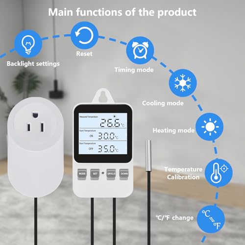 Temperature Controller Heating Cooling Mode Digital Thermostat 120V 15A Plug in Thermostat Controlled Outlet for Reptile Greenhouses Seedling Mat Incubation Terrarium
