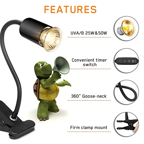 Timed Reptile Heat Lamp with Clamp, Adjustable UVA/UVB Basking Light, 360° Rotatable Clip and Power Adapter for Aquarium (Bulb Included) - color: Black