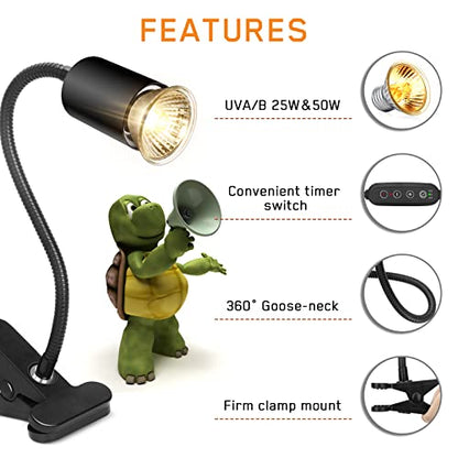 Timed Reptile Heat Lamp with Clamp, Adjustable UVA/UVB Basking Light, 360° Rotatable Clip and Power Adapter for Aquarium (Bulb Included) - color: Black