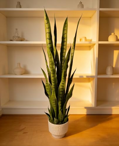 Dayuleaf 3 ft Artificial Sansevieria Plant with White Decorative Pot, Realistic Faux Snake Plant, Green with Dark Green Horizontal Stripes