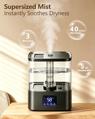 KZF 6L Top Fill Humidifiers for Bedroom & 60H Runtime - Cool Mist Humidifier, 3 Mist Levels, 8H Timer, Essential Oil Tray, Humidity Display, Quiet for Bedroom, Baby, Plants, Large Room (Black, 6L) - color: Black