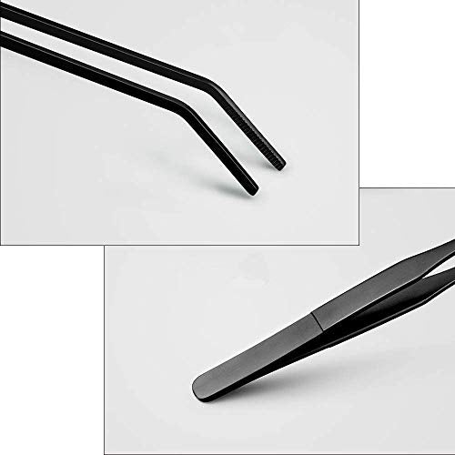 2PCS Aquarium Tweezers Stainless Steel Straight and Curved Tweezers Set Long Handle Reptile Feeding Tongs for Aquatic Plants Lizards Spider Snakes Garden Repairing - 10.6inch, Black - color: 10.6"/Black