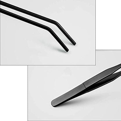 2PCS Aquarium Tweezers Stainless Steel Straight and Curved Tweezers Set Long Handle Reptile Feeding Tongs for Aquatic Plants Lizards Spider Snakes Garden Repairing - 10.6inch, Black - color: 10.6"/Black