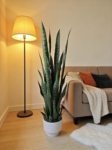 Dayuleaf 3 ft Artificial Sansevieria Plant with White Decorative Pot, Realistic Faux Snake Plant, Green with Dark Green Horizontal Stripes