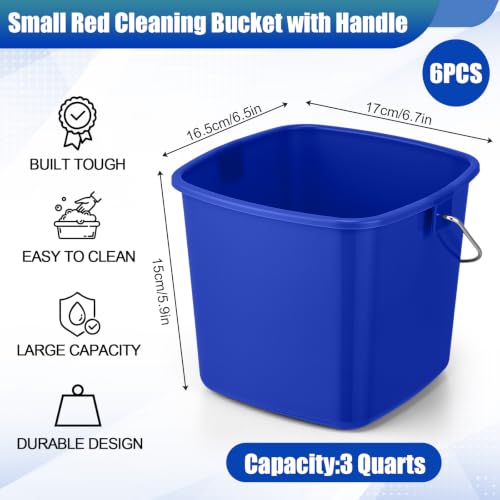 Zhehao 6 Pcs 3 Quart Bucket for Cleaning Small Sanitizer Bucket for Restaurant Square Plastic Pail with Handles for Home, Offices, Commercial Use, Food Service(Red,Dark Blue) - color: Red,dark Blue