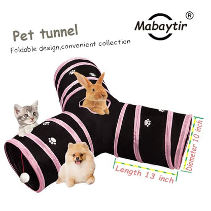 3-Way Collapsible Cat Tunnel Tube Toy Black Pink Paws | Interactive Play Tunnel by Hanging Ball & Peek Hole for Indoor Cats, Kittens, Puppies, Rabbits, Hours of Fun & Exercise - color: Black with Pink Paws